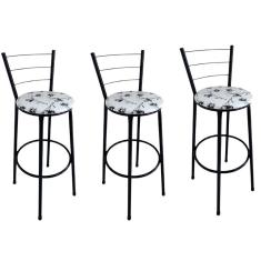 Kit 3 Banquetas Alta Preta com Encosto Assento Branco Floral Jaddi