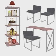Kit Escritório Bex 3 Cadeiras Suede Cinza com 1 Mesa e 1 Livreiro Ferro Cinza mdf Rose Rosa - Ahazzo Móveis