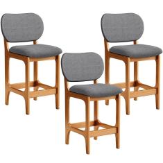Kit 03 Banquetas Baixa Bar Cozinha E Sala De Jantar Fixa Betta L02 Imbuia Linho Cinza Escuro