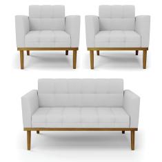 Sofá Namoradeira E 2 Poltronas Base Madeira Castanho Elisa Linho Cinza A05 D03 - D'rossi