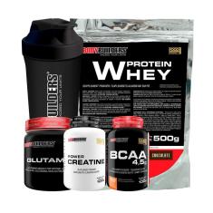 Whey Protein 500g + Glutamina 300g + Creatina 100g + BCAA 100g + Coqueteleira – Bodybuilders-Unissex