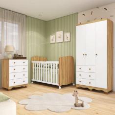 Quarto de Bebê com Guarda Roupas 3 Portas Cômoda e Berço com Rodizio M