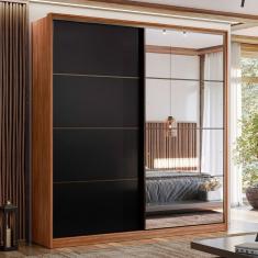 Guarda-Roupa Casal Belga 2 Portas 3 Gavetas com Espelho Nogueira Touch/Preto Prime Tx - Demóbile