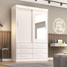 Guarda Roupa Solteiro Com Espelho 2 Portas 6 Gavetas Star Sallêto Móveis Branco