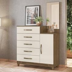 Cômoda 5 Gavetas 1 Porta e Espelho e Pés Lisboa Bege/Castanho Wood/Bau