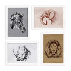 Quadros Animais Safari África Moldura Branca 33x43cm 4un