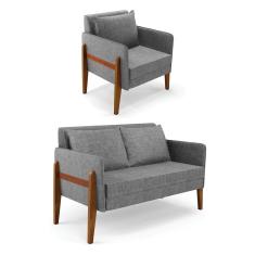 Kit 1 Sofá Namoradeira E 1 Poltrona Lana Linho Base De Madeira - D`rossi Cor A26 Grafite