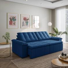 Sofá Cama Retrátil e Reclinável 4 Lugares 280cm em Veludo com Molas Palmeira Cabecasa Madeiramadeira Azul