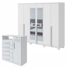Conjunto de Guarda-Roupa Alonzo com Espelho e pés e Cômoda Da Vinci com Nicho Branco
