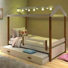 Cama Montessori Cabana Com Fio De Luz E Auxiliar Branco Mel