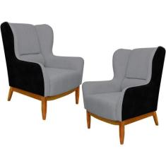 Kit 02 Poltronas Decorativa Base de Madeira Milena D02 Linho Cinza C-4