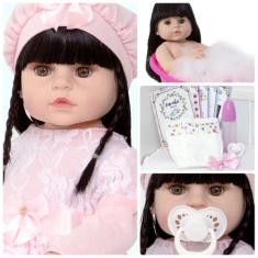 Boneca Estilo Bebê Reborn Bia Morena Cabelo Longo - Cegonha Reborn Dol