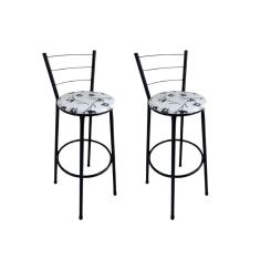 Kit 2 Banquetas Alta Preta com Encosto Assento Branco Floral Jaddi