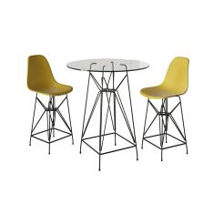 Jogo Mesa Bistrô Eames Vidro 60Cm 2 Banquetas Amarela Base Ferro Preto - Cor: Branco
