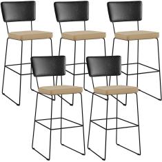 Kit 05 Banquetas Altas Preto Linho Bege Escuro