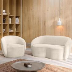 Conjunto 1 Sofá Living 160cm E 1 Poltrona íbis Encosto Fixo Bouclê Off White G33 - Gran Belo