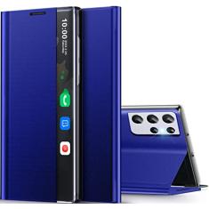 Qissy Capa para Samsung Galaxy S21 Ultra 5G com janela de visão clara fina para Samsung S21 Ultra, capa espelhada de luxo, suporte rígido de policarbonato, capa flip à prova de choque para Galaxy S21