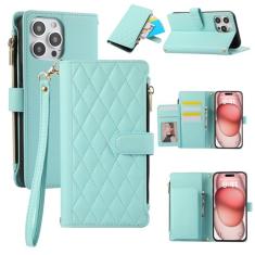 Capa carteira para iPhone 14 Pro, capa de couro para celular com 6 compartimentos para cartão e 1 compartimento para dinheiro e 1 bolsa com zíper, fivela magnética à prova de choque com corda de mão e