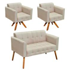Kit 01 Namoradeira e 02 Poltronas Giratória Elisa Suede Base Madeira M