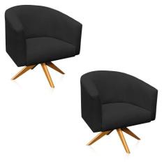 Kit 2 Poltronas Giratória Stella Linho Preto Base Madeira - DROSSI