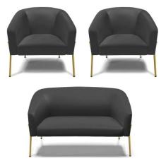 Sofá Namoradeira E 2 Poltronas Pé De Ferro Dourado Stella material sin