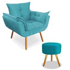 Kit Poltrona Decorativa Opala Deluxe com Puff Redondo Suede Turquesa