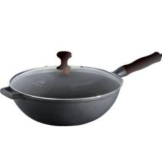 Panela Wok Ferro Fundido Tampa Vidro Preta 28Cm
