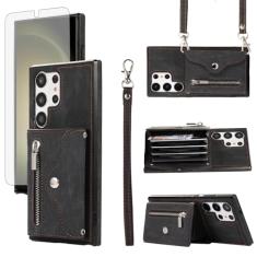 Capa de telefone para Samsung Galaxy S24 Ultra 5G capa carteira e protetor de tela de vidro temperado com alça transversal de pulso cordão suporte para cartão de crédito S24Ultra 24S S 24 24Ultra