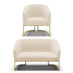 Sofá Namoradeira e Poltrona Base Industrial Dourado Stella D03 - D`Rossi