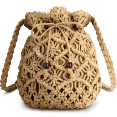 Bolsas de mão de palha, bolsa de bolso, bolsa de bolso, casual, de tecido, bolsas de praia de verão Hobo Hippie Chic com corrente, Caqui, Standard Handbag Size