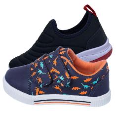 Kit 2 Pares de Tênis Infantil Masculino Dinossauro e Calce Facil Bordado-Masculino