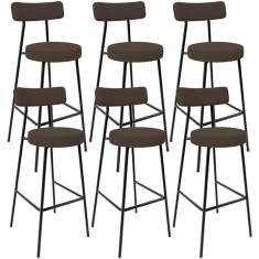 Kit 06 Banquetas Alta Bar Cozinha Sala De Jantar Em Aço Milão F01 Suede Marrom - Lyam Decor