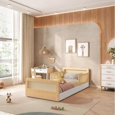 Cama Infantil Solteiro Montessoriana Lift em Madeira Maciça com Rattan 2 Grades Casatema Branco/Natural
