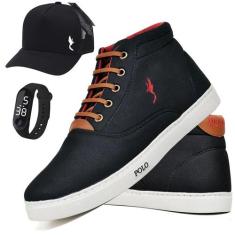 Tênis Masculino Casual Cano Alto + Boné + Relógio Kit 3 - Polo Blu, Pr