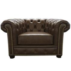 Poltrona Sala de Estar Chesterfield com Pés Madeira Couro Marrom - Gra