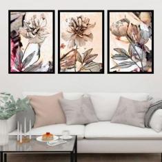Kit 3 Quadros Decorativos Flores Neutras 45X34Cm