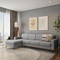 Sofá 4 Lugares Leave com Chaise Esquerdo Pé Palito Linho Cotton Cinza 