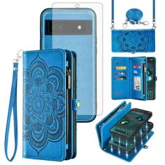 Asuwish Capa de celular para Google Pixel 6A 5G 2022 com zíper carteira magnética destacável com protetor de tela de vidro temperado alça transversal mandala flor porta-cartões Pixel6A A6 mulheres