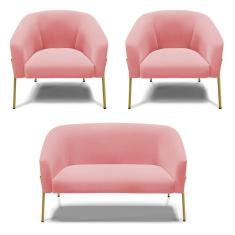 Sofá Namoradeira E 2 Poltronas Pé De Ferro Dourado Stella Suede D03 - D`rossi Cor Rose