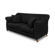 Sofá 3 Lugares Pé De Madeira Julieta 220 Cm Suede Preto S04 - D`rossi