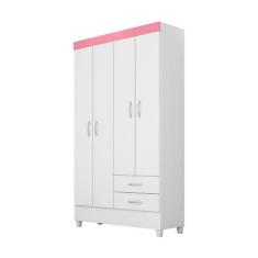 Guarda-Roupa Solteiro Astro 4 Portas 2 Gavetas Demóbile, Branco e Rosa