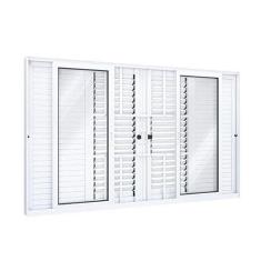 Janela Veneziana Alumínio de Correr Central Flex 4 Folhas Móveis e 2 Fixas com Grade Lucasa Eccellente 120cmx200cm Branco