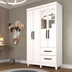 Guarda Roupa Solteiro com Espelho 4 Portas 2 Gavetas Estrela Sallêto Móveis - Branco