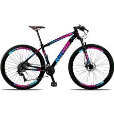 Bicicleta Bike Aro 29 Alumínio 24 Velocidades Shimano Suspensão Freio A Disco azul E Rosa 15&quot;