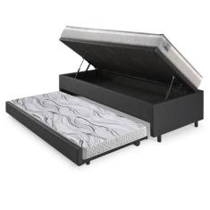 Bicama Box Baú Solteiro Revestimento Sintético Linho Preto 88x188 Com 