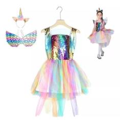 Fantasia Unicórnio Menina Festas Infantil com Asas Saia de Tule Tiara 