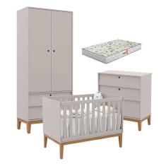 Quarto de Bebe Unique 2 Portas com Cômoda Gaveteiro Cinza Eco Wood e Colchão Gazin - Matic