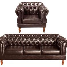 Conjunto Sofá Duquesa Chesterfield 3 Lugares + 1 Poltrona Café