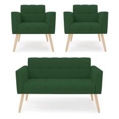 Kit 1 Sofá Namoradeira E 2 Poltronas Elisa Veludo Verde Pés Palito Natural - D`rossi