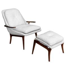 Poltrona com Puff Cintia Pés Madeira Linho Palha - Gran Belo